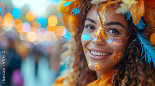 Smiling Woman with Gold Glitter Face Paint and Feathers