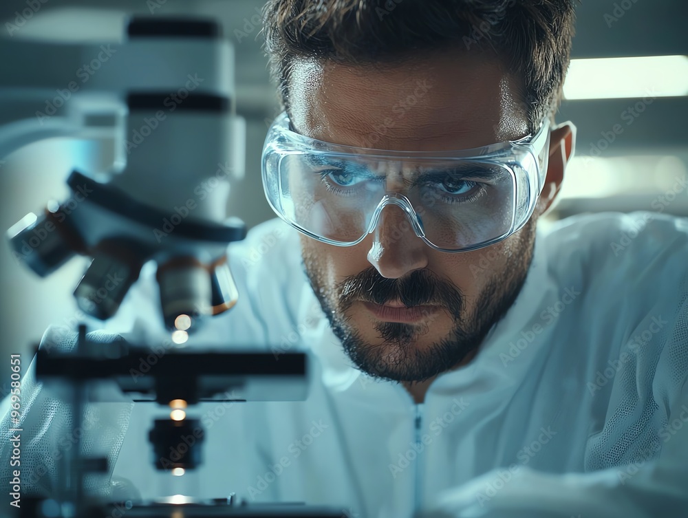 Technician wearing safety goggles analyzing product samples under a microscope, product inspection, precision in quality control Technician wearing safety goggles analyzing product samples under a microscope, product inspection, precision in quality control