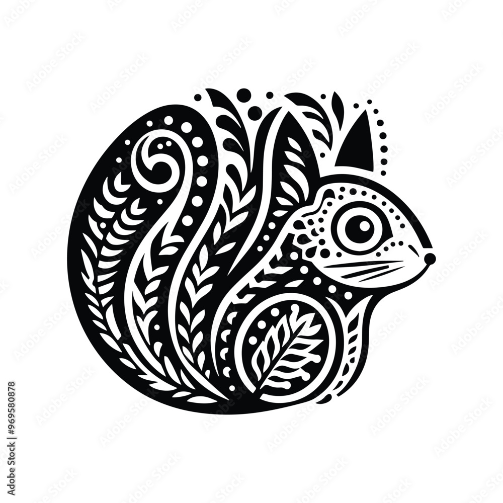 Squirrel in folk art black and white silhouette illustration - Squirrel in folk art black and white silhouette illustration -