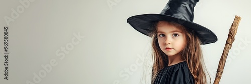 Minimalist Halloween Banner Featuring a Young Girl in Realistic Witch Costume with Hat and Broom photo