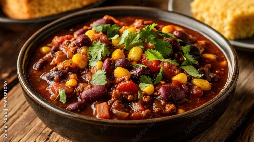 A close-up of a hearty vegan chili loaded with black beans, kidney beans, corn, and bell peppers, garnished with fresh cilantro and served with a side of cornbread on a rustic wooden table. A close-up of a hearty vegan chili loaded with black beans, kidney beans, corn, and bell peppers, garnished with fresh cilantro and served with a side of cornbread on a rustic wooden table.