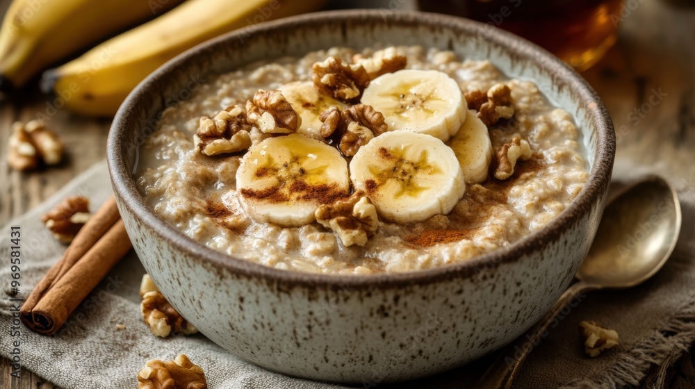A cozy breakfast scene with a bowl of creamy vegan oatmeal topped with sliced bananas, walnuts, cinnamon, and a drizzle of maple syrup, served in a rustic ceramic bowl. A cozy breakfast scene with a bowl of creamy vegan oatmeal topped with sliced bananas, walnuts, cinnamon, and a drizzle of maple syrup, served in a rustic ceramic bowl.