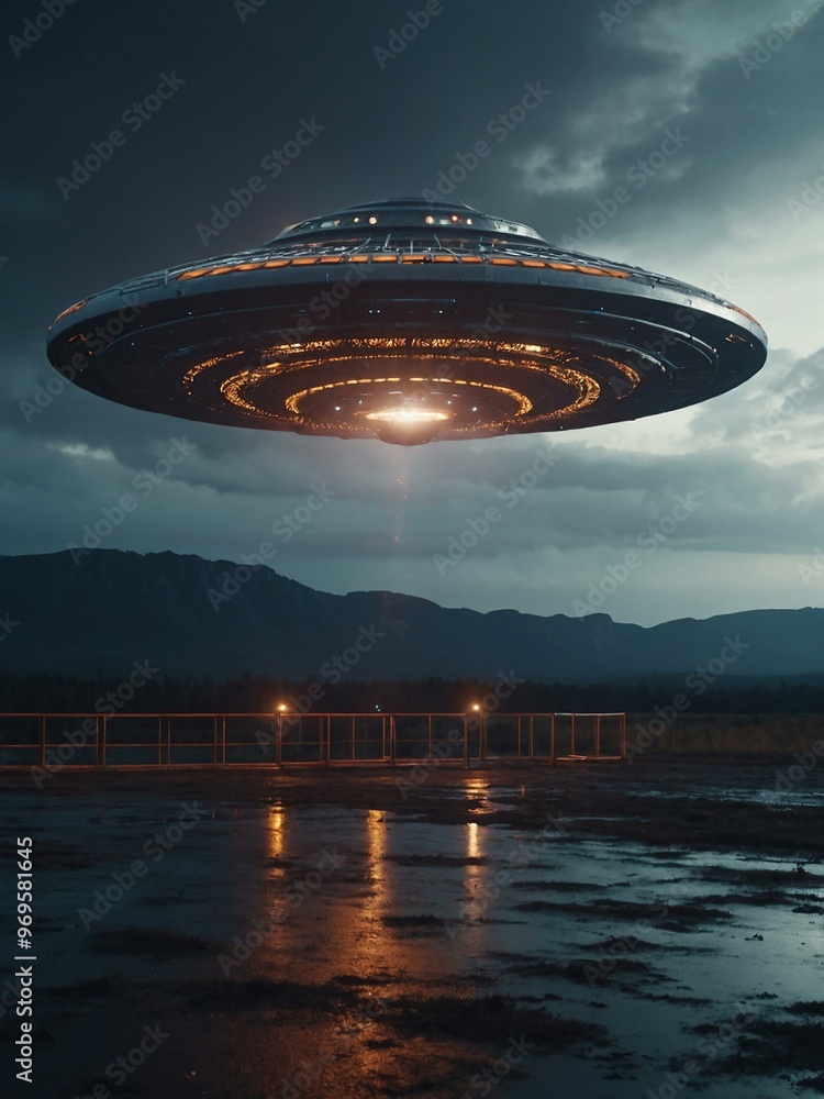 UFO landing on a futuristic grid. UFO landing on a futuristic grid.