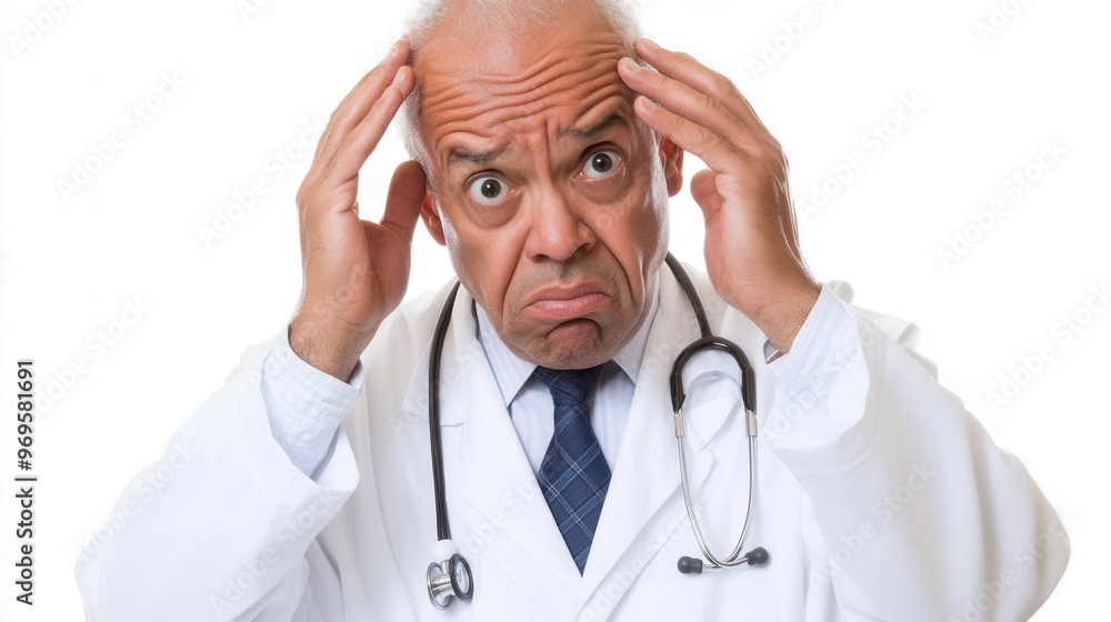 An anxious doctor looks concerned while holding his head, exemplifying the stress faced by medical professionals. An anxious doctor looks concerned while holding his head, exemplifying the stress faced by medical professionals.