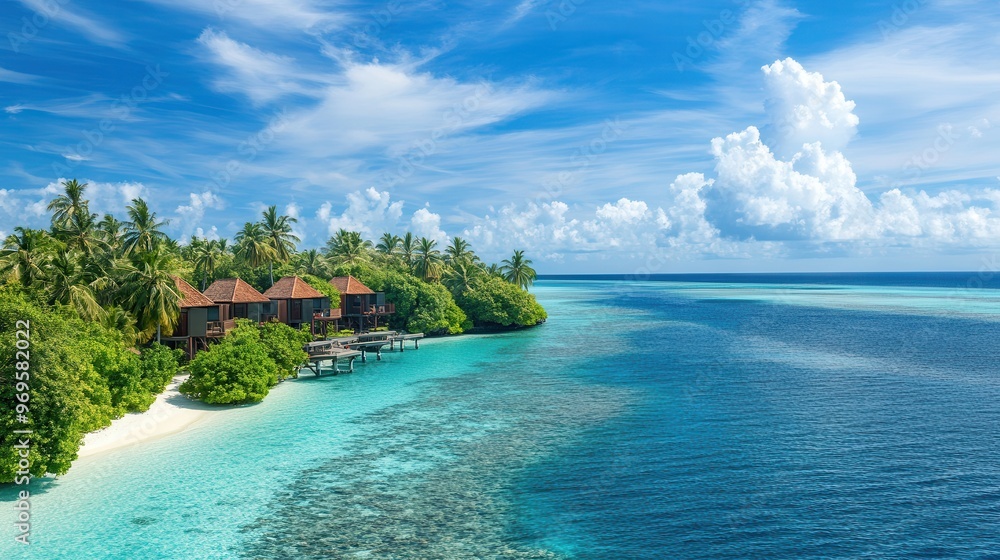 Fototapeta premium Breathtaking tropical paradise featuring lush greenery, crystal-clear water, and serene skies, perfect for relaxation and escape.