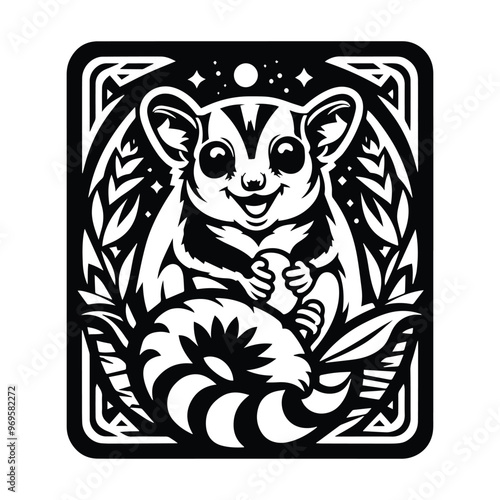 Sugar glider in Tarot card black and white silhouette illustration -