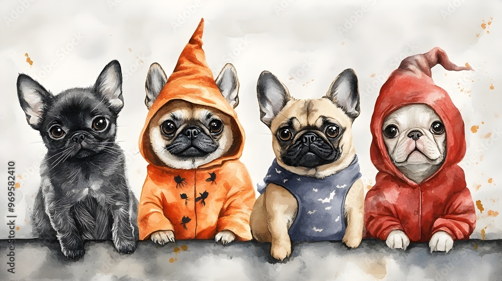 Fototapeta premium Cute Pets in Whimsical Halloween Costumes Watercolor