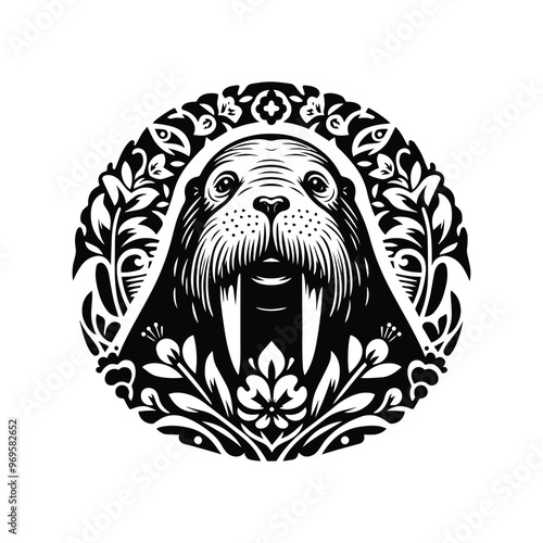 Walrus in folk art black and white silhouette illustration -