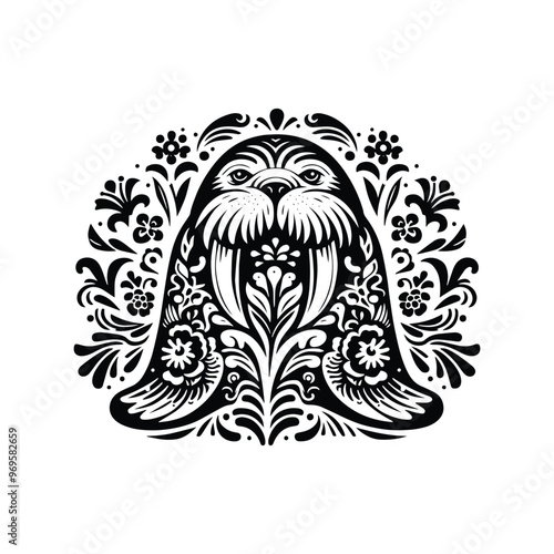 Walrus in folk art black and white silhouette illustration -