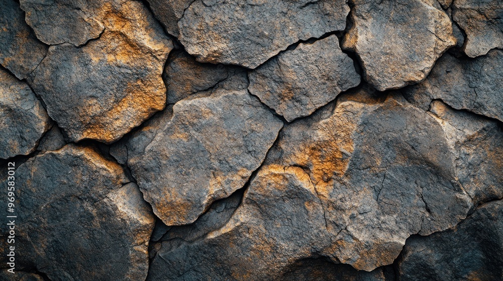 Cracked and weathered rock surface with streaks of orange and yellow hues Cracked and weathered rock surface with streaks of orange and yellow hues