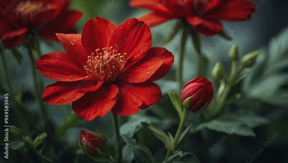 Vibrant red flower with delicate petals, shown in macro photography. Vibrant red flower with delicate petals, shown in macro photography.