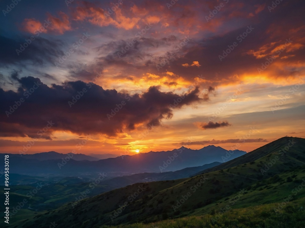 Vibrant sunset over a mountain landscape, silhouettes highlighted against the colorful sky. Vibrant sunset over a mountain landscape, silhouettes highlighted against the colorful sky.