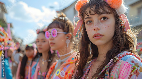 Young Woman with Brown Hair and Freckles in a Crowd of People Wearing Colorful Outfits - Photo
