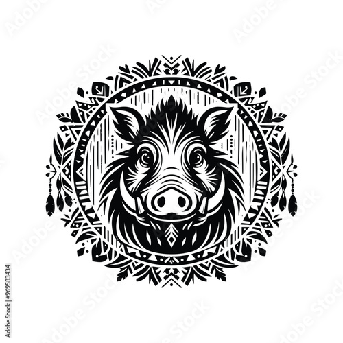 Wart hog in bohemian black and white silhouette illustration -