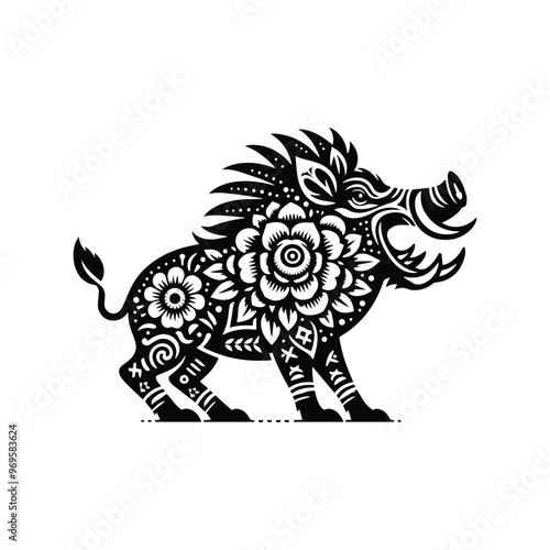 Wart hog in folk art black and white silhouette illustration -