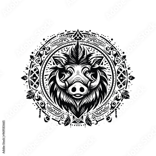 Wart hog in bohemian black and white silhouette illustration -