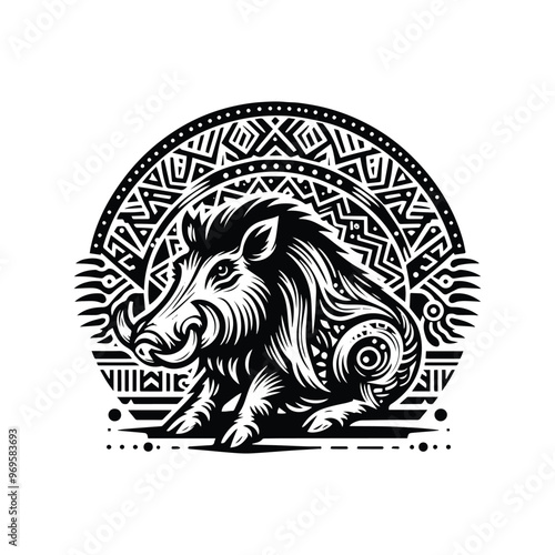 Wart hog in bohemian black and white silhouette illustration -