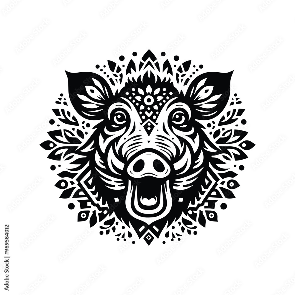 Wart hog in folk art black and white silhouette illustration - Wart hog in folk art black and white silhouette illustration -