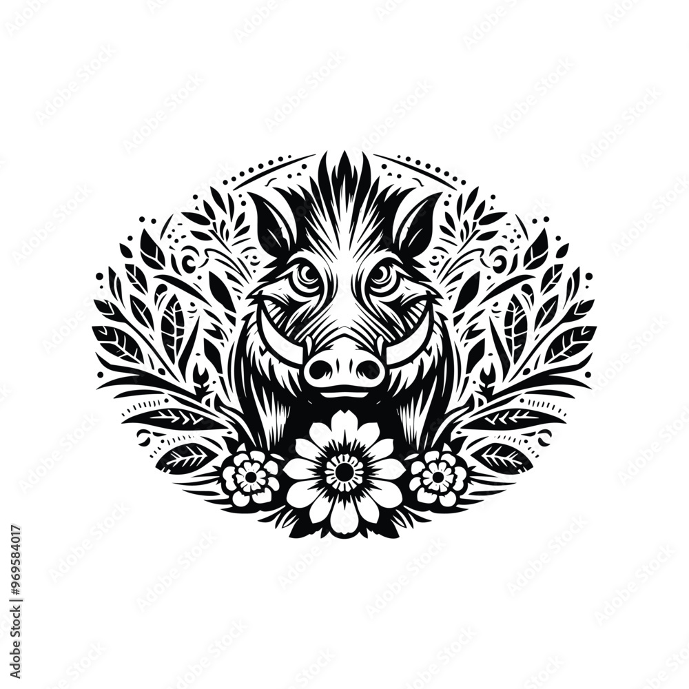 Wart hog in folk art black and white silhouette illustration - Wart hog in folk art black and white silhouette illustration -