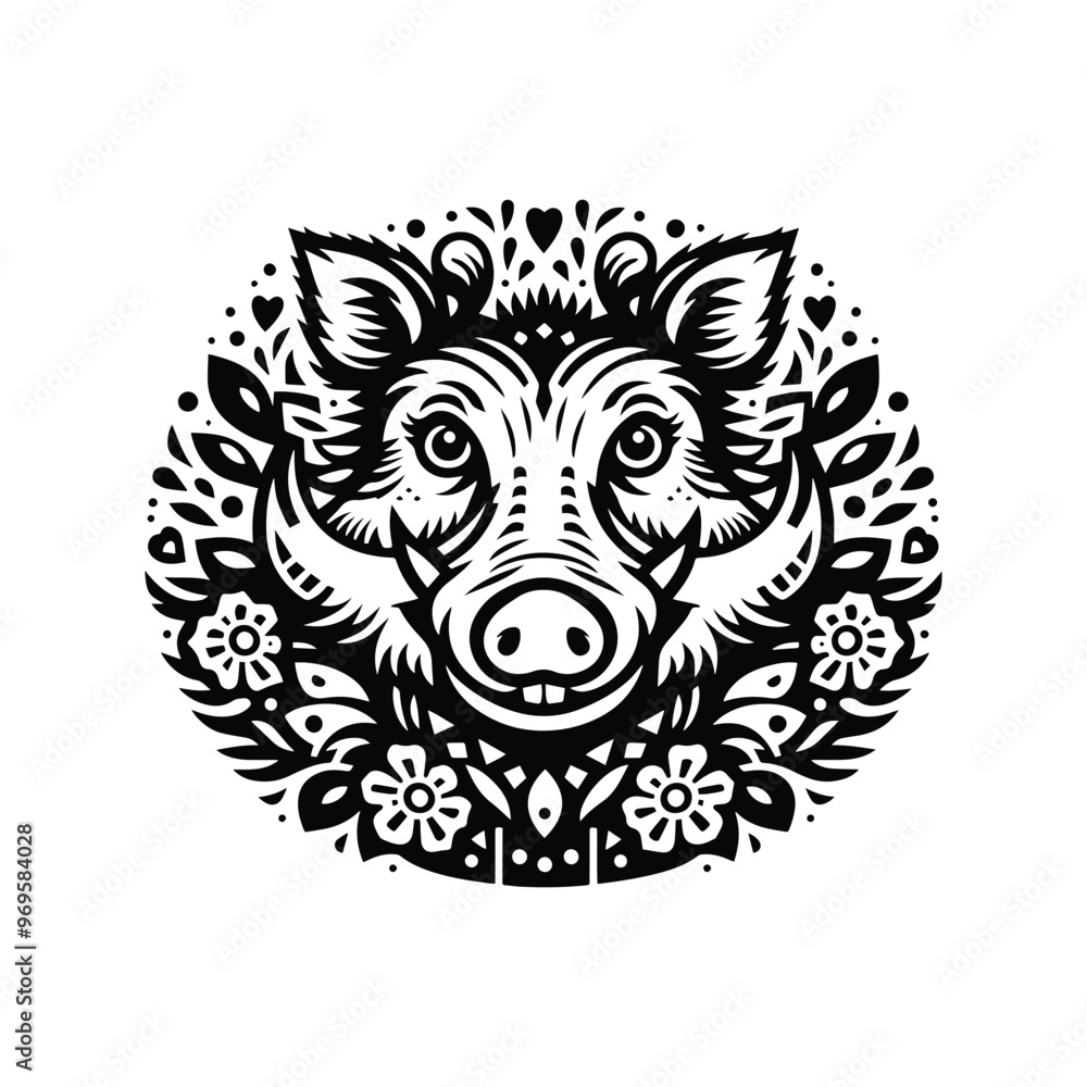 Obraz premium Wart hog in folk art black and white silhouette illustration -