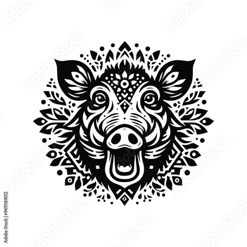 Wart hog in folk art black and white silhouette illustration -