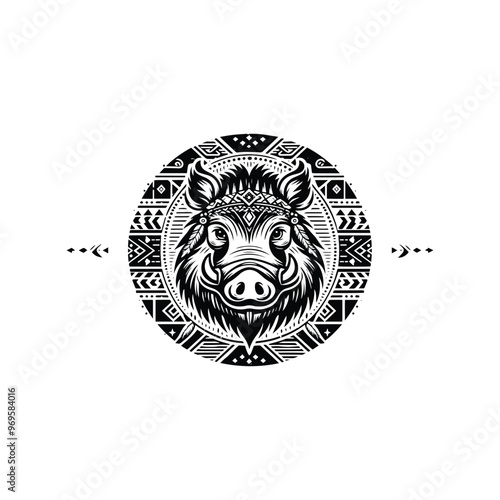 Wart hog in bohemian black and white silhouette illustration -