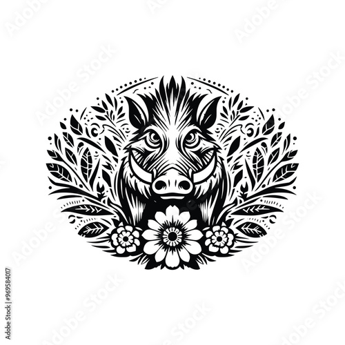 Wart hog in folk art black and white silhouette illustration -