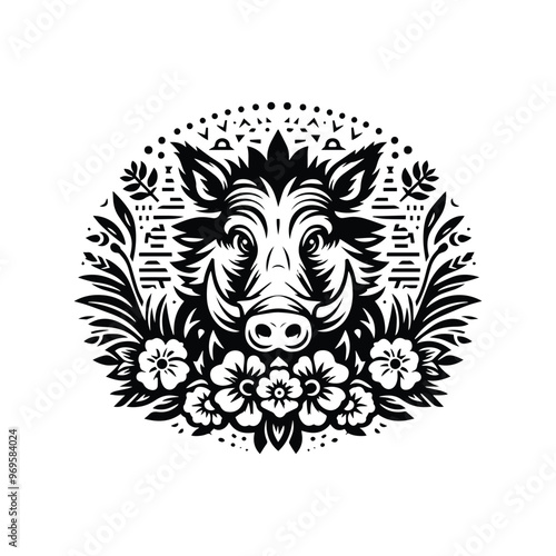 Wart hog in folk art black and white silhouette illustration -
