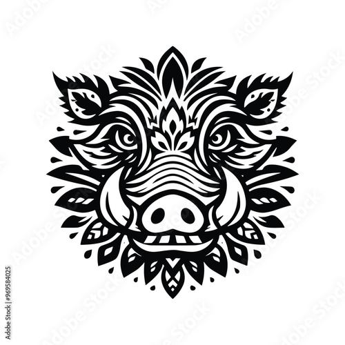 Wart hog in folk art black and white silhouette illustration -