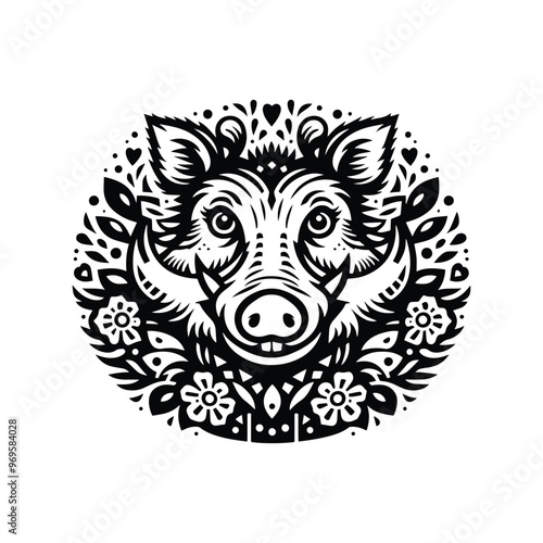 Wart hog in folk art black and white silhouette illustration -