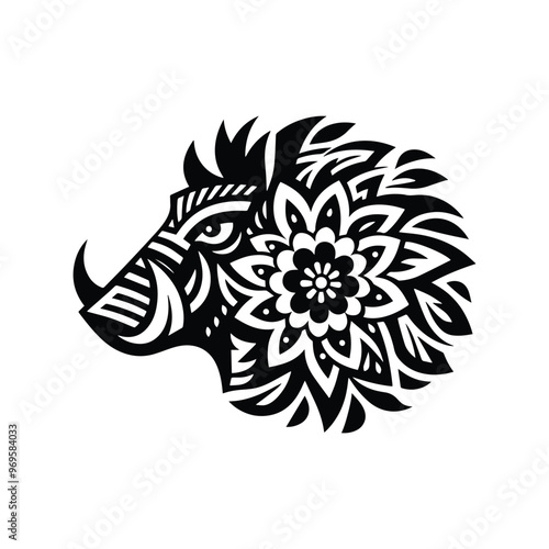 Wart hog in folk art black and white silhouette illustration -