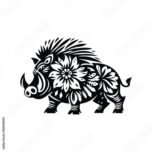 Wart hog in folk art black and white silhouette illustration -