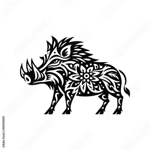 Wart hog in folk art black and white silhouette illustration -