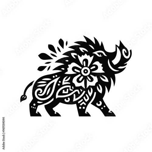 Wart hog in folk art black and white silhouette illustration -