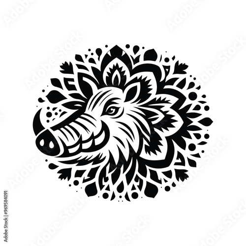 Wart hog in folk art black and white silhouette illustration -