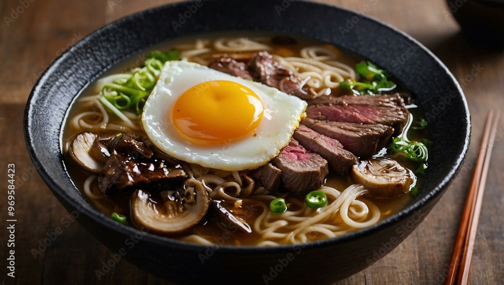 Wagyu steak and shiitake mushrooms in a rich pork broth ramen, topped with egg yolk. Wagyu steak and shiitake mushrooms in a rich pork broth ramen, topped with egg yolk.