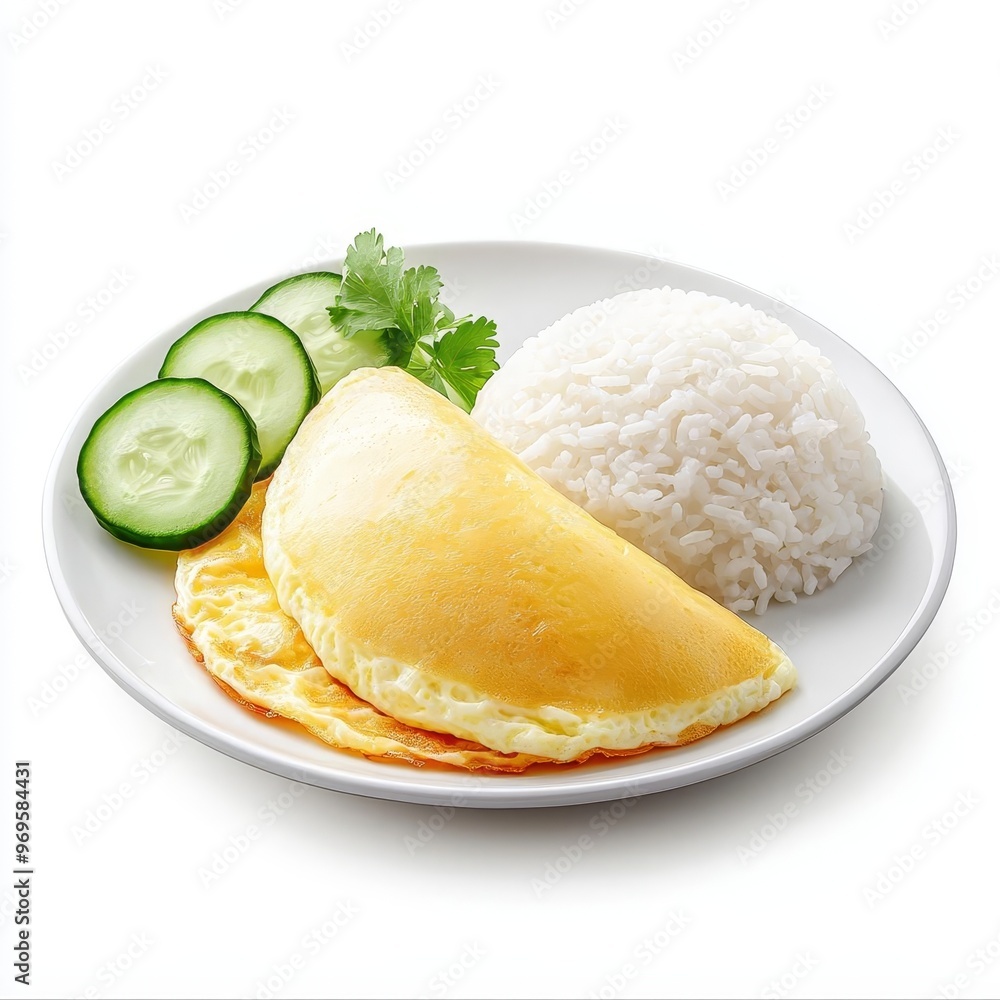 Classic Thai omelet on Jasmine rice, soft omelet, fluffy rice, cucumber slices, light pastel palette, watercolor finish, gentle shadows Classic Thai omelet on Jasmine rice, soft omelet, fluffy rice, cucumber slices, light pastel palette, watercolor finish, gentle shadows