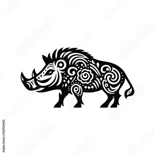 Wart hog in folk art black and white silhouette illustration -