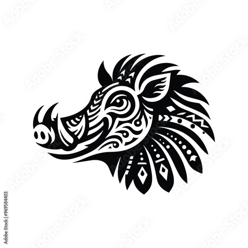 Wart hog in folk art black and white silhouette illustration -