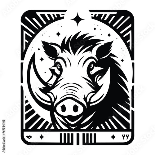 Wart hog in Tarot card black and white silhouette illustration -