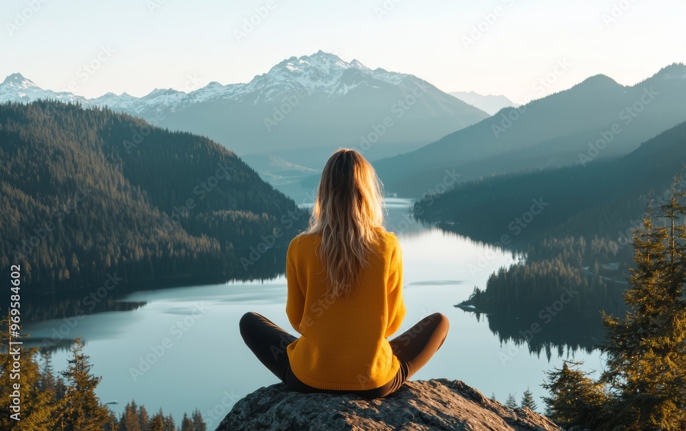 A serene scene of a person meditating by a tranquil lake, surrounded by majestic mountains and lush forests under a clear sky. A serene scene of a person meditating by a tranquil lake, surrounded by majestic mountains and lush forests under a clear sky.