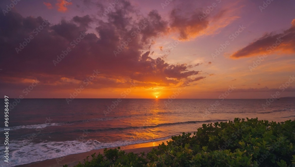 Warm sunset over the sea, painting the sky in shades of pink, orange, and purple. Warm sunset over the sea, painting the sky in shades of pink, orange, and purple.