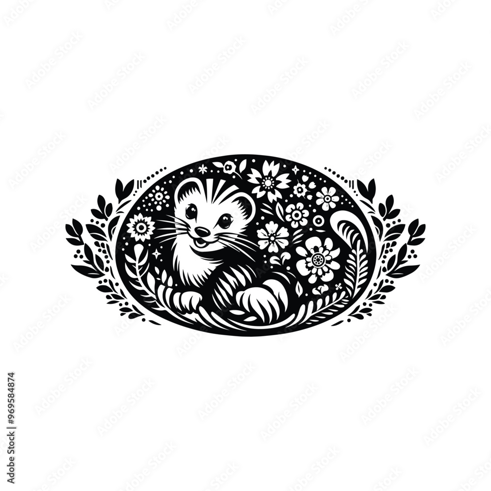 Weasel in folk art black and white silhouette illustration - Weasel in folk art black and white silhouette illustration -