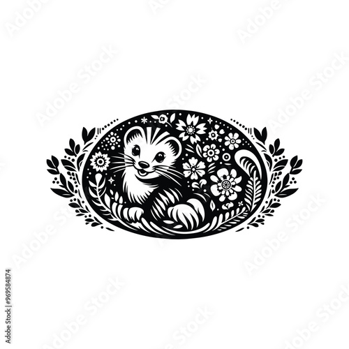 Weasel in folk art black and white silhouette illustration -