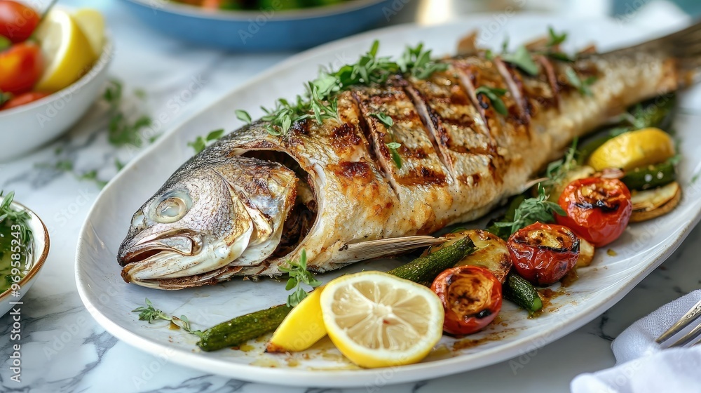 A beautifully cooked whole fish, served with a side of grilled vegetables and garnished with fresh herbs and lemon slices. A beautifully cooked whole fish, served with a side of grilled vegetables and garnished with fresh herbs and lemon slices.