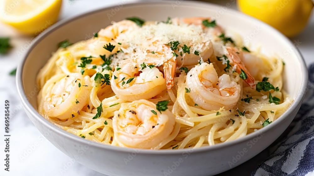 A bowl of shrimp scampi pasta with garlic, parsley, and a light lemon butter sauce, topped with grated parmesan cheese. A bowl of shrimp scampi pasta with garlic, parsley, and a light lemon butter sauce, topped with grated parmesan cheese.