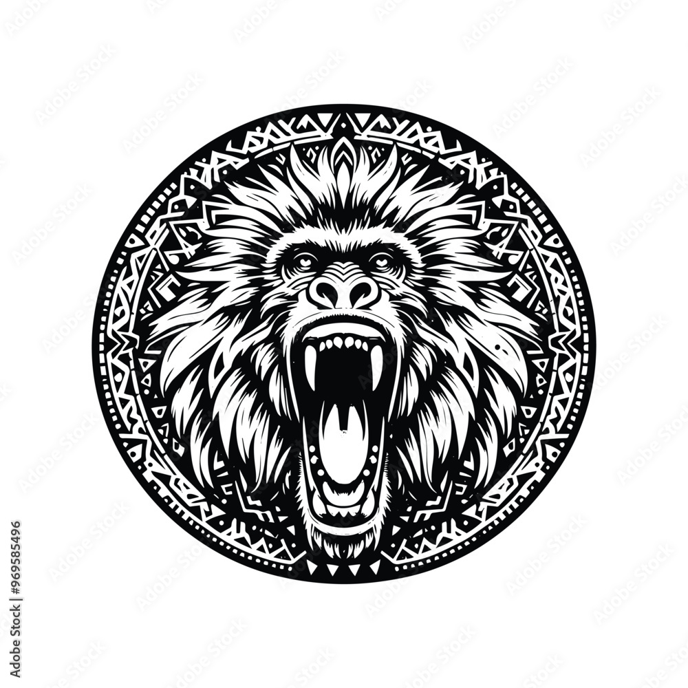 baboon monkey in bohemian black and white silhouette illustration - baboon monkey in bohemian black and white silhouette illustration -