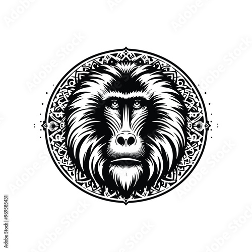 baboon monkey in bohemian black and white silhouette illustration -