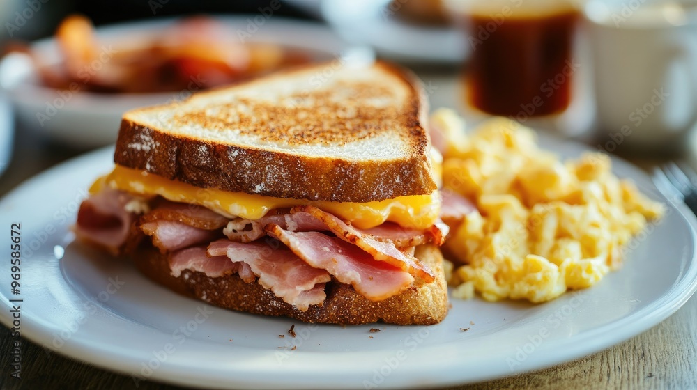 A breakfast spread featuring a toasted ham and cheese sandwich with scrambled eggs and a side of bacon. A breakfast spread featuring a toasted ham and cheese sandwich with scrambled eggs and a side of bacon.