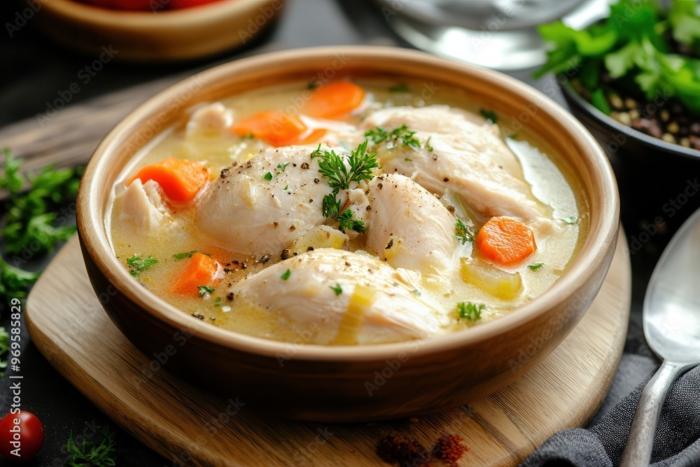 Delicious chicken stew with carrots and herbs served in a rustic bowl, perfect for a cozy meal any time of the year. Delicious chicken stew with carrots and herbs served in a rustic bowl, perfect for a cozy meal any time of the year.